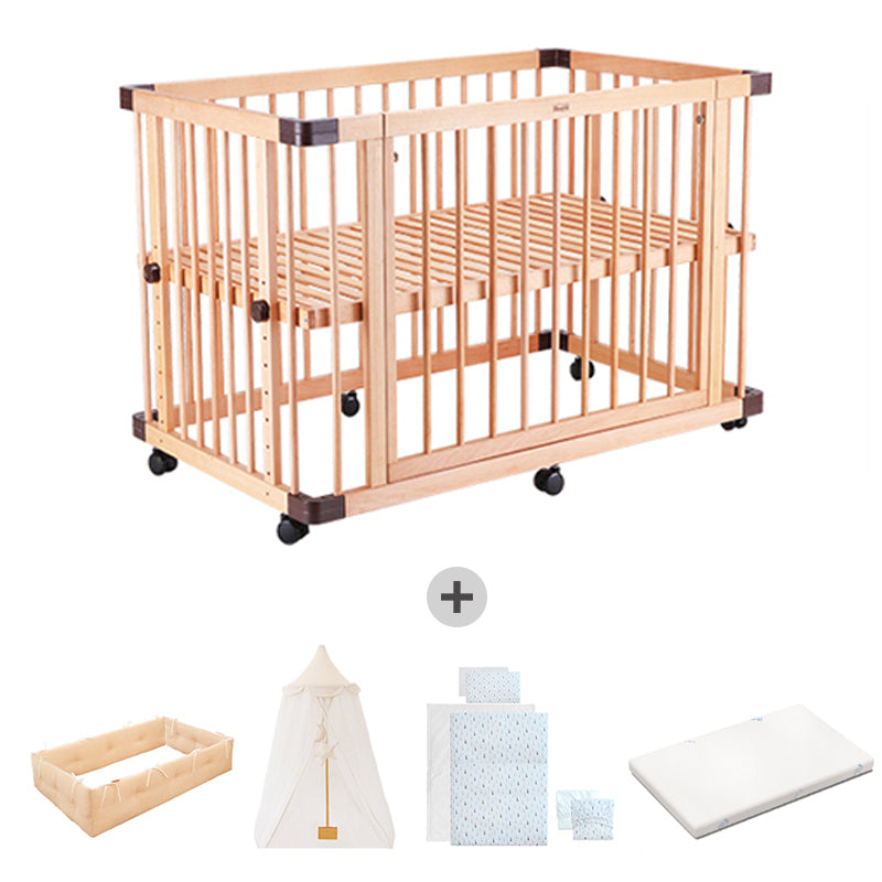 Farmhouse Nursery Bed Standard Light Wood Baby Crib with Casters