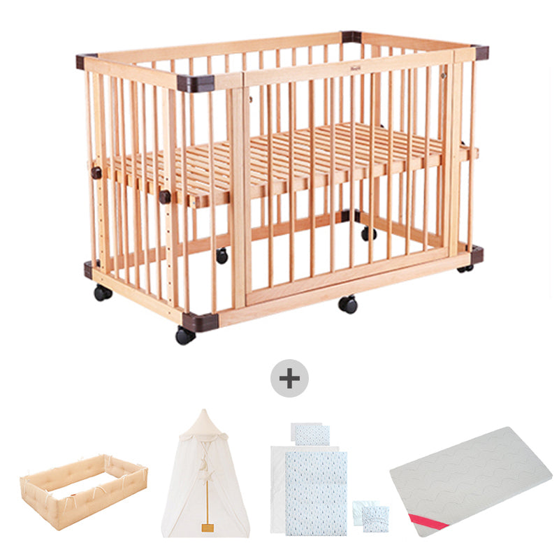 Farmhouse Nursery Bed Standard Light Wood Baby Crib with Casters