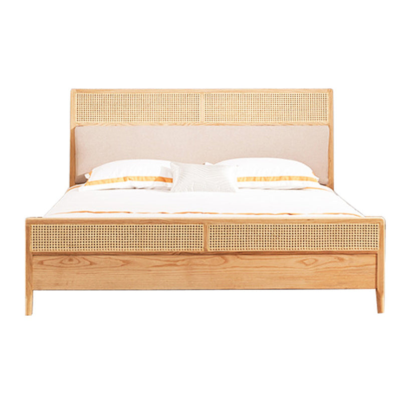 Natural Solid Wood Panel Bed Upholstered Bed Frame with Rattan Accent