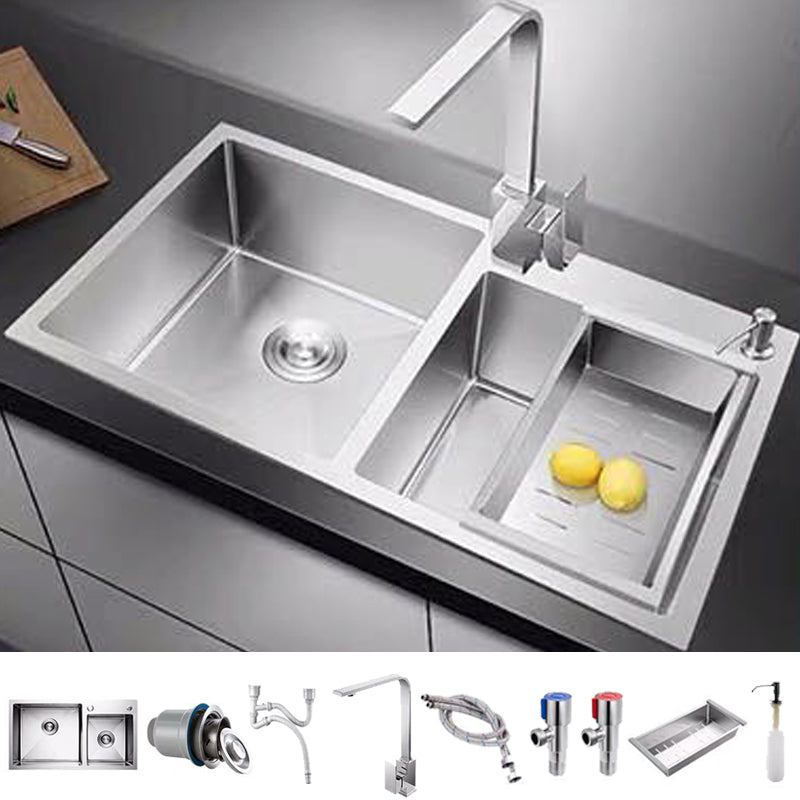 Contemporary Style Kitchen Sink Stainless Steel 2 Holes Drop-In Kitchen Double Sink