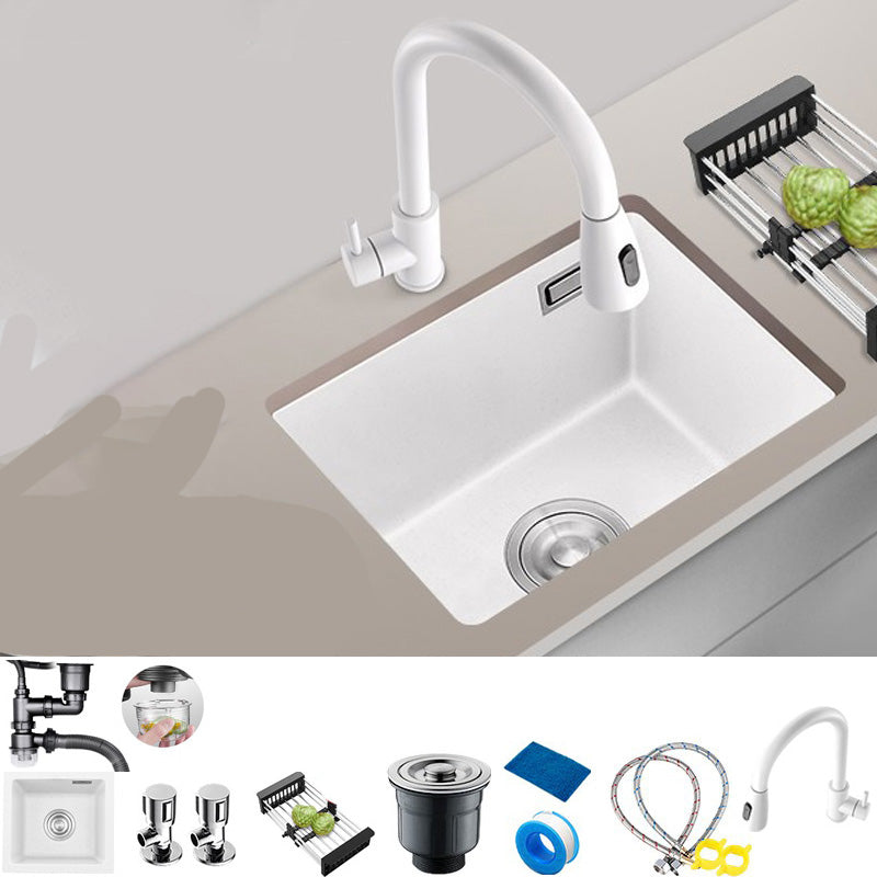 White Rectangle Kitchen Sink with Faucet Single Bowl Quartz Sink