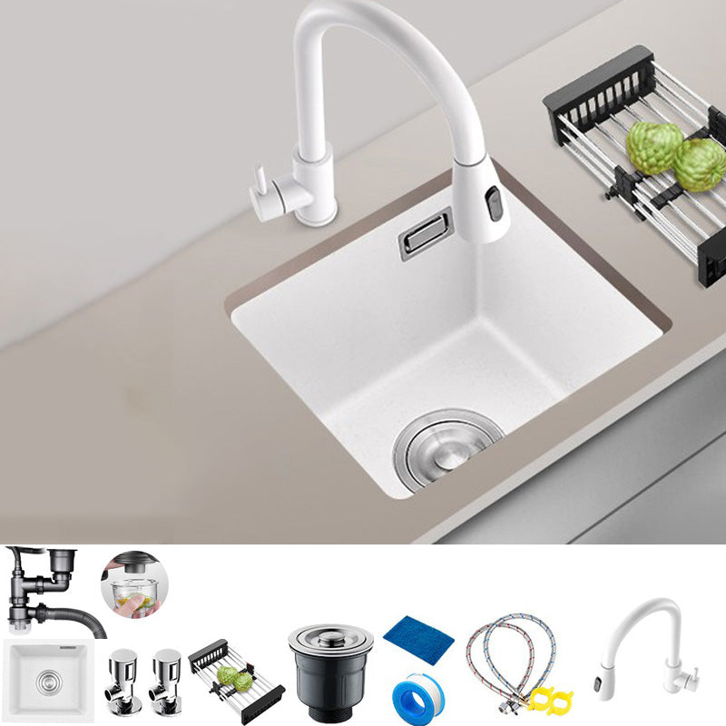 White Rectangle Kitchen Sink with Faucet Single Bowl Quartz Sink