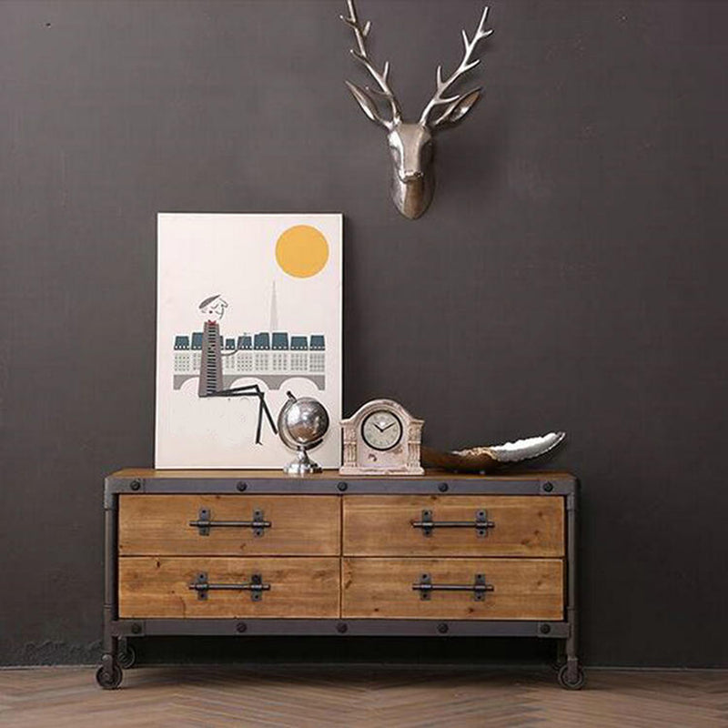 Industrial Pine TV Console Enclosed Storage TV Media Stand with Drawers for Living Room