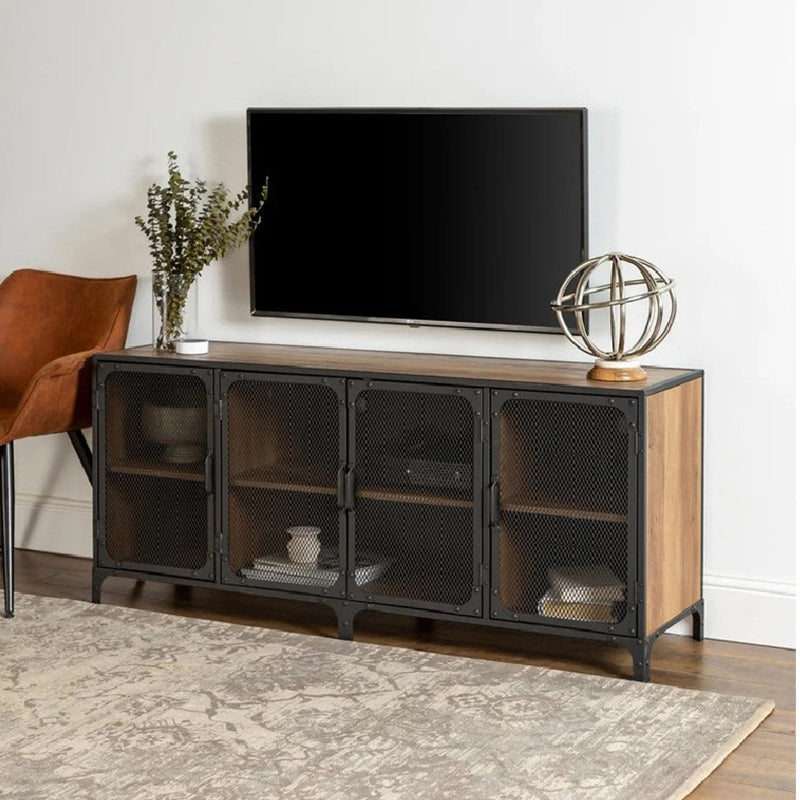 Industrial Pine TV Stand Console Enclosed Storage TV Media Stand for Living Room