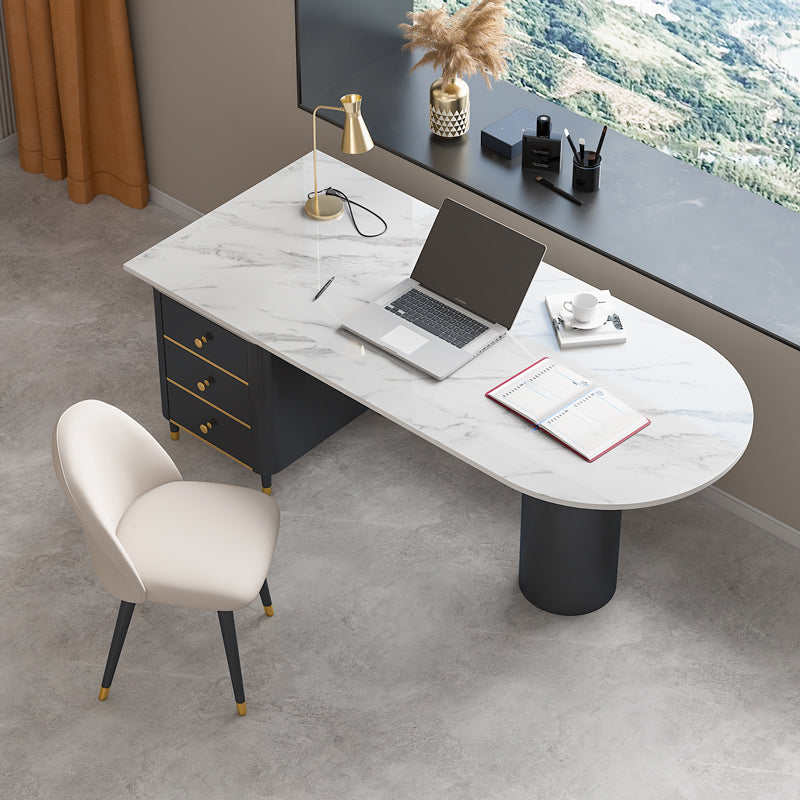 Peninsula Pedestal Office Desk Glam Writing Desk with Metal Legs