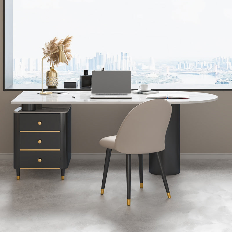 Peninsula Pedestal Office Desk Glam Writing Desk with Metal Legs