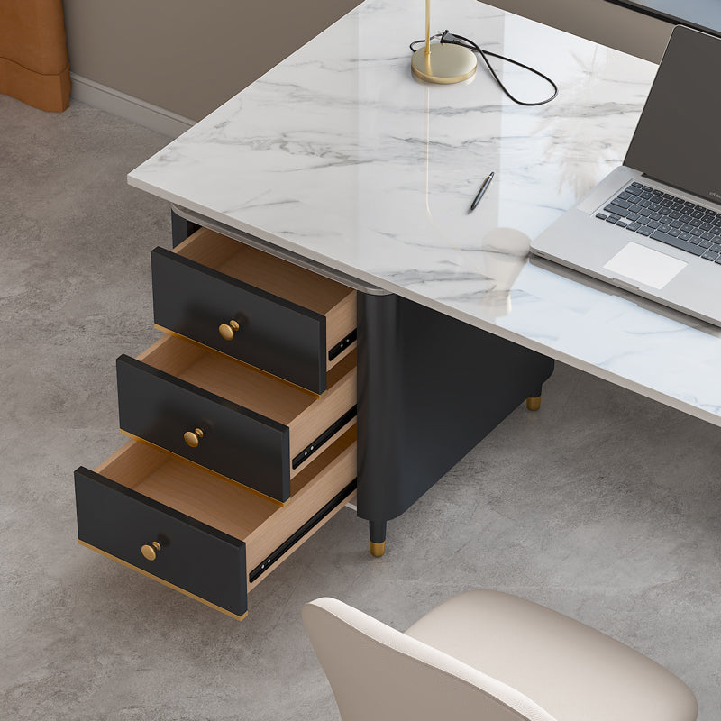 Peninsula Pedestal Office Desk Glam Writing Desk with Metal Legs