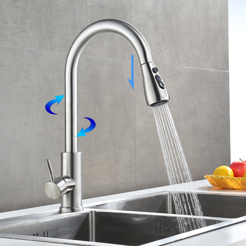 Contemporary Retractable Kitchen Faucet Stainless Steel 1-Handle High Arc Kitchen Faucet