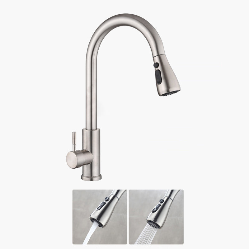 Contemporary Retractable Kitchen Faucet Stainless Steel 1-Handle High Arc Kitchen Faucet