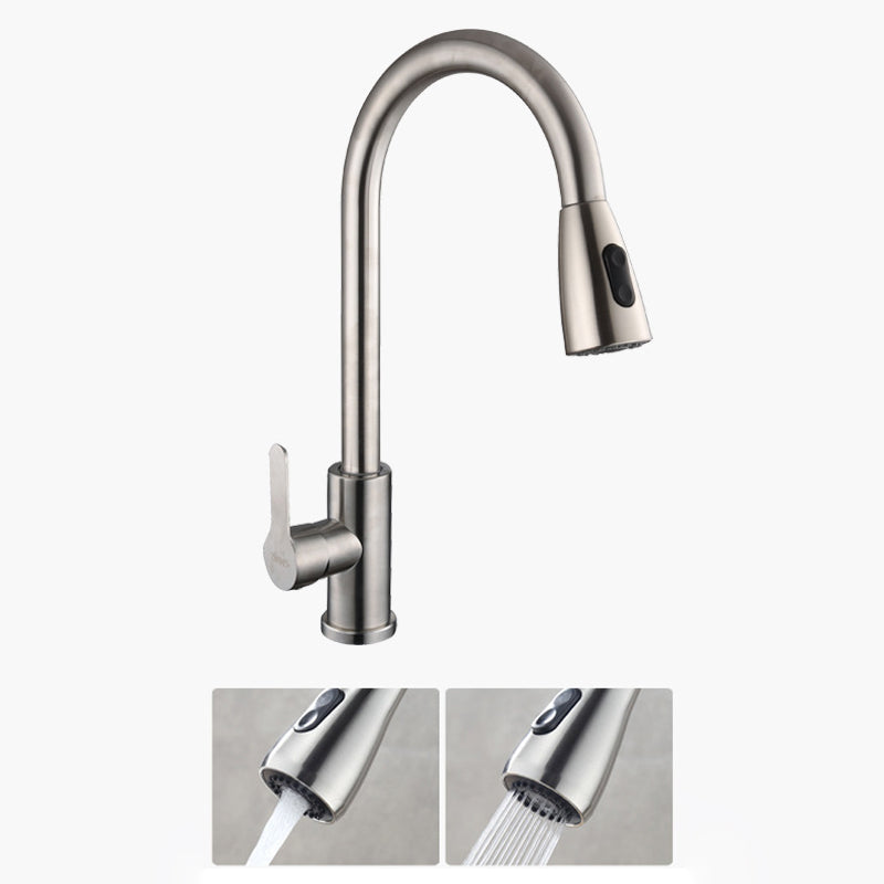 Contemporary Retractable Kitchen Faucet Stainless Steel 1-Handle High Arc Kitchen Faucet