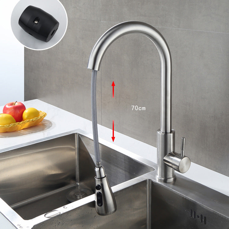 Contemporary Retractable Kitchen Faucet Stainless Steel 1-Handle High Arc Kitchen Faucet