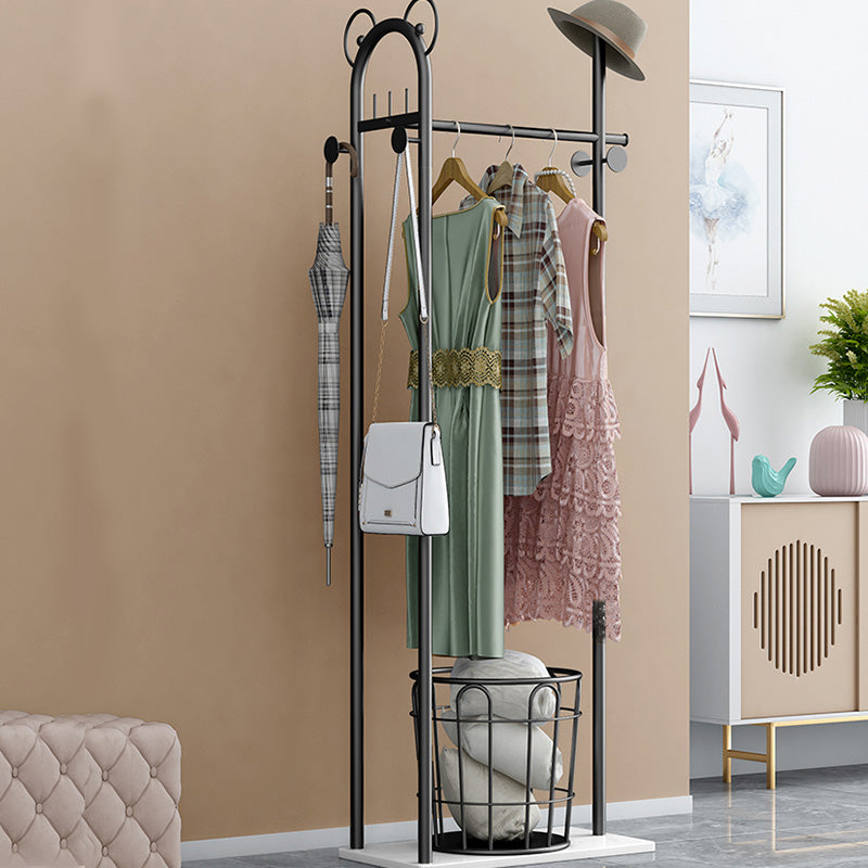 Contemporary Coat Rack Metal Frame Coat Hanger with Basket Storage