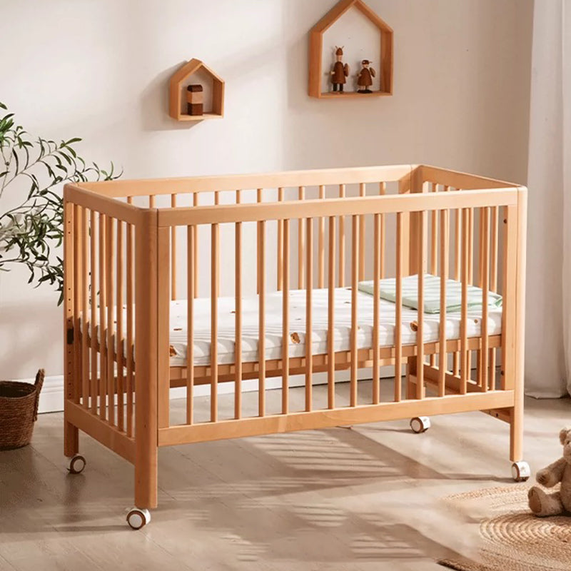 Farmhouse / Country Crib with Casters/Wheels Beech Light Wood Nursery Crib