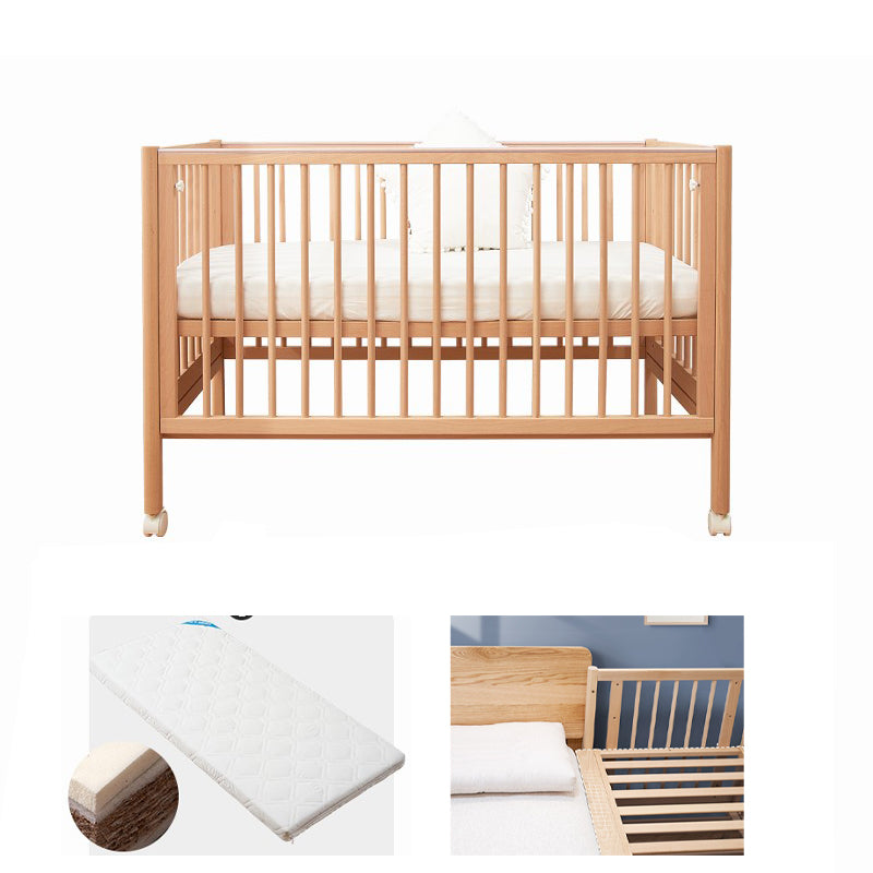 Farmhouse / Country Crib with Casters/Wheels Beech Light Wood Nursery Crib