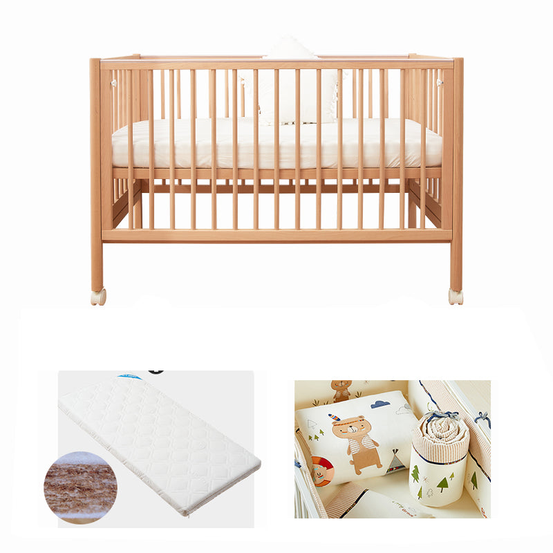 Farmhouse / Country Crib with Casters/Wheels Beech Light Wood Nursery Crib