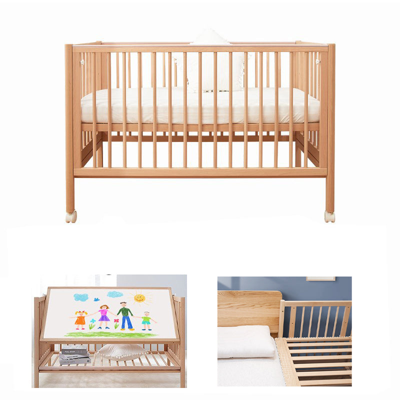 Farmhouse / Country Crib with Casters/Wheels Beech Light Wood Nursery Crib