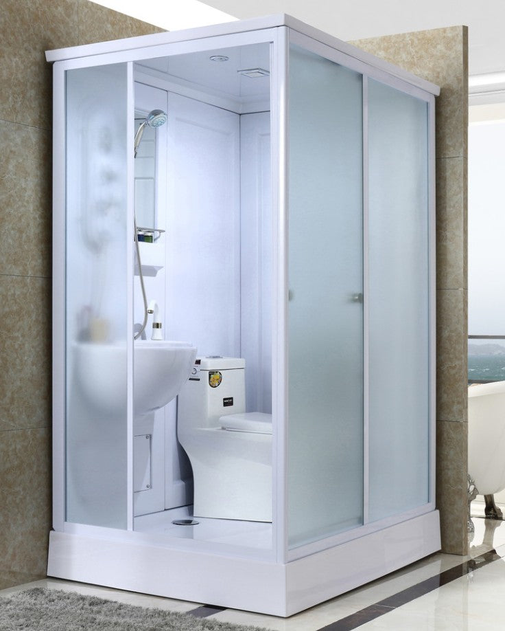 Frosted Glass Single Sliding Shower Enclosure Framed Shower Kit in White