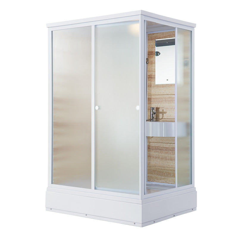 Frosted Glass Single Sliding Shower Enclosure Framed Shower Kit in White