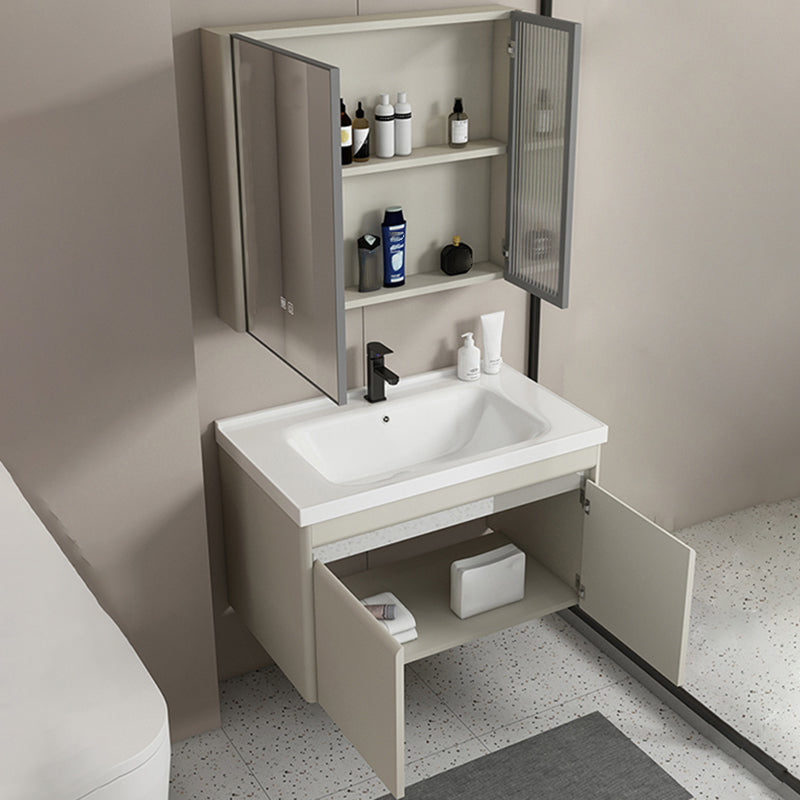 Modern Metal Sink Vanity Wall Mount Khaki Tone Bathroom Vanity with Mirror Cabinet