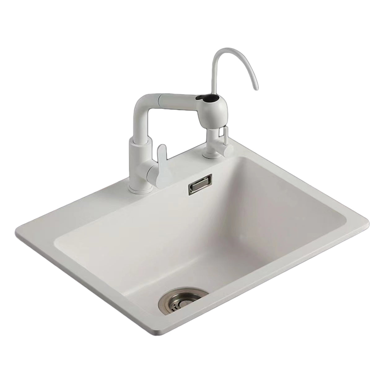 White Quartz Kitchen Sink Rectangle Single Bowl Sink with Basket Strainer