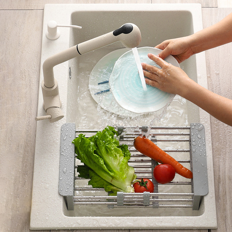 Beige Granite Kitchen Sink with Basket Strainer 2 Holes Sink