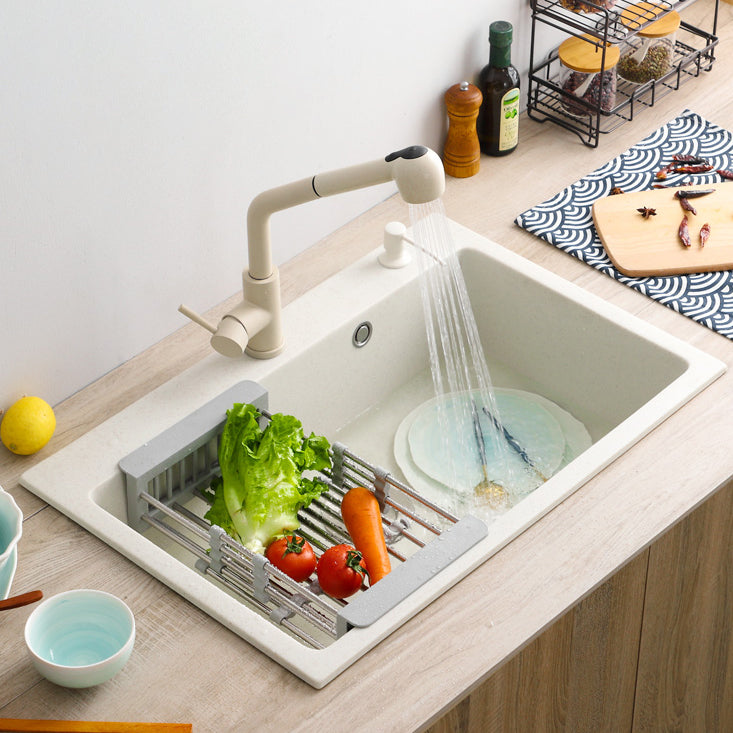 Beige Granite Kitchen Sink with Basket Strainer 2 Holes Sink