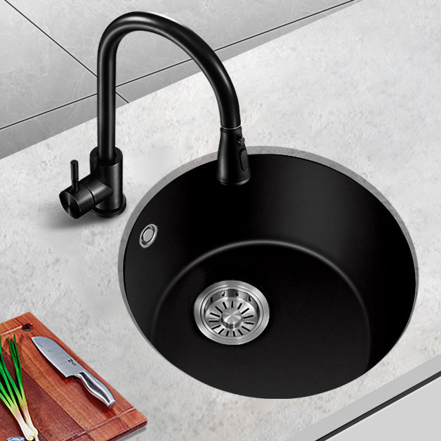 Black Quartz Kitchen Sink Round Single Bowl Sink with Basket Strainer