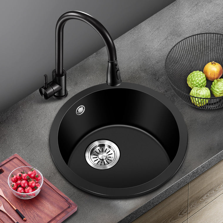 Black Quartz Kitchen Sink Round Single Bowl Sink with Basket Strainer