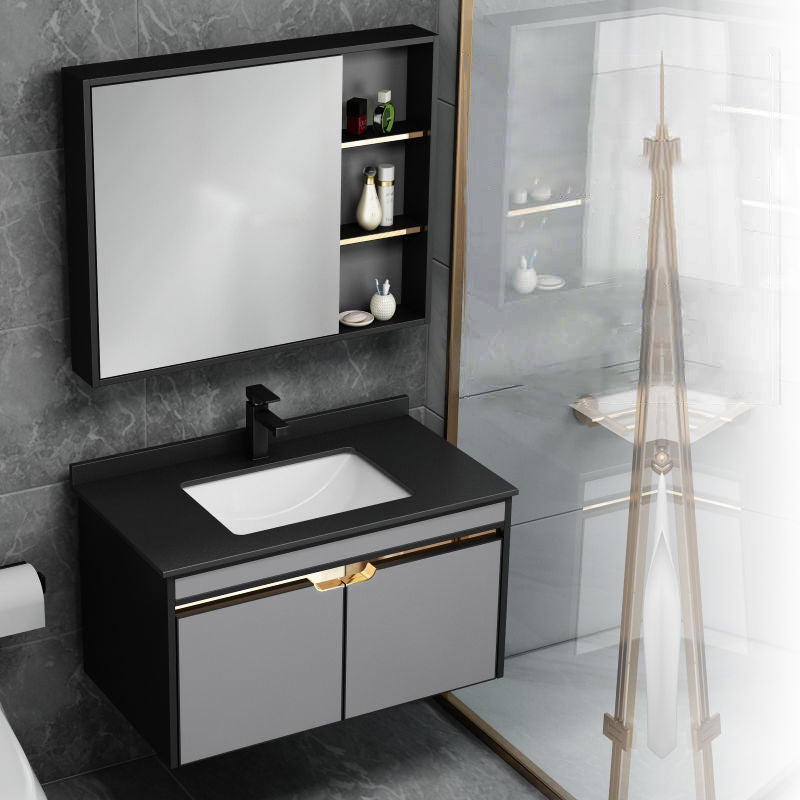2 Doors Vanity Set Mirror Grey Wall Mount Rectangle Metal Bath Vanity with Single Sink
