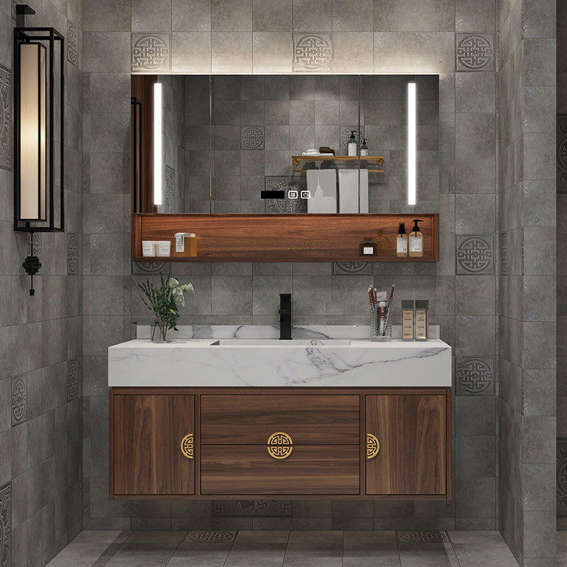 Wood Frame Vanity 2 Drawers Wall Mount Single Sink Rectangle Bathroom Vanity with Mirror