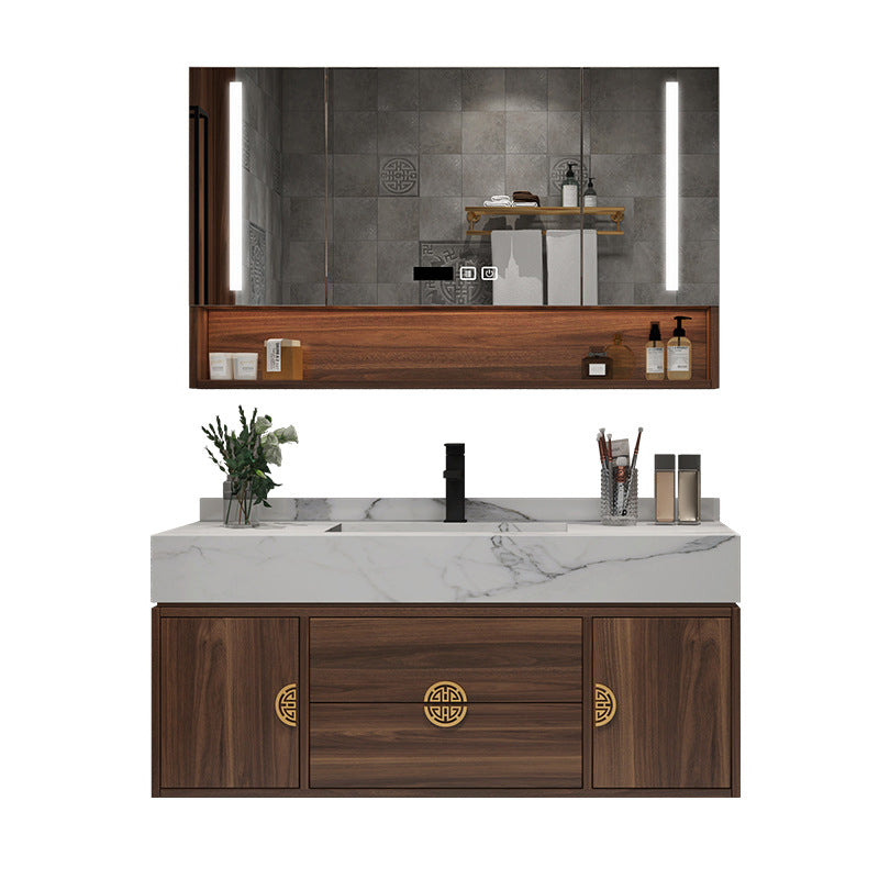 Wood Frame Vanity 2 Drawers Wall Mount Single Sink Rectangle Bathroom Vanity with Mirror