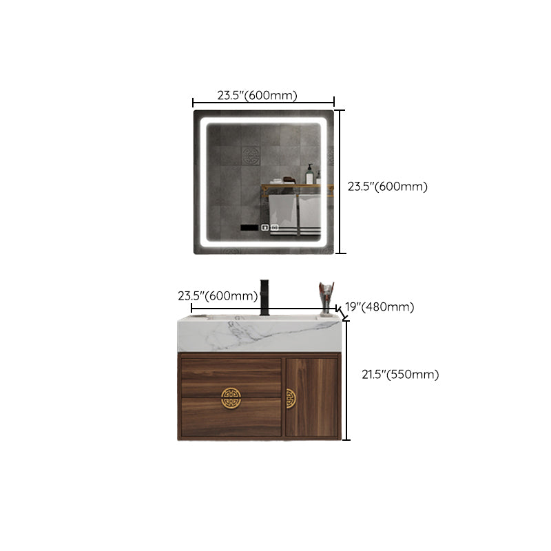 Wood Frame Vanity 2 Drawers Wall Mount Single Sink Rectangle Bathroom Vanity with Mirror