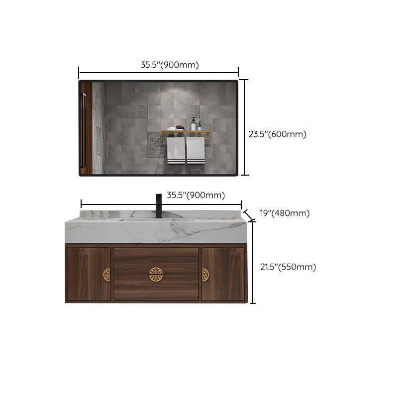 Wood Frame Vanity 2 Drawers Wall Mount Single Sink Rectangle Bathroom Vanity with Mirror