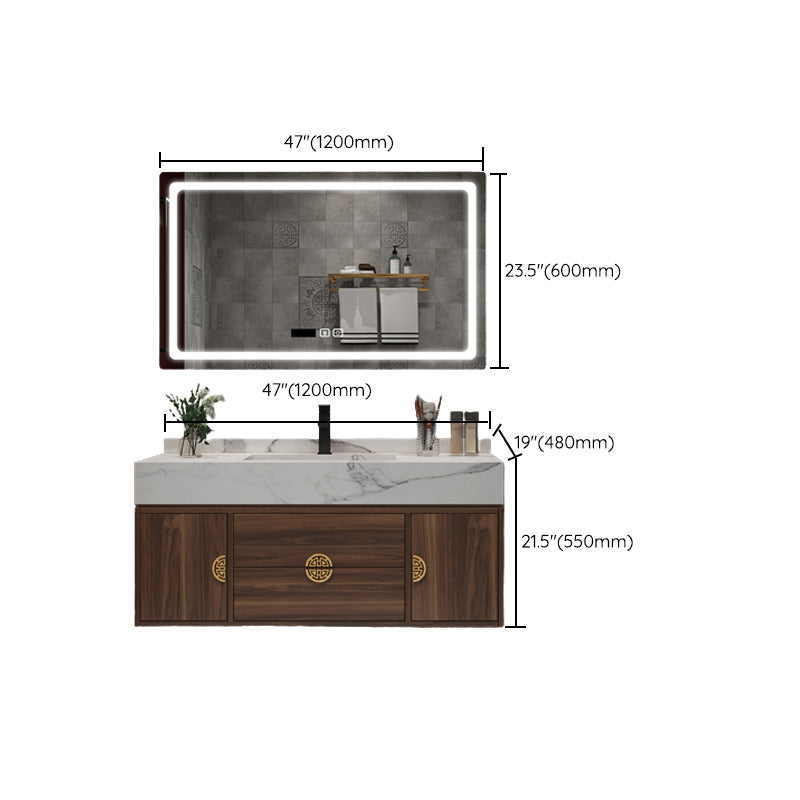 Wood Frame Vanity 2 Drawers Wall Mount Single Sink Rectangle Bathroom Vanity with Mirror