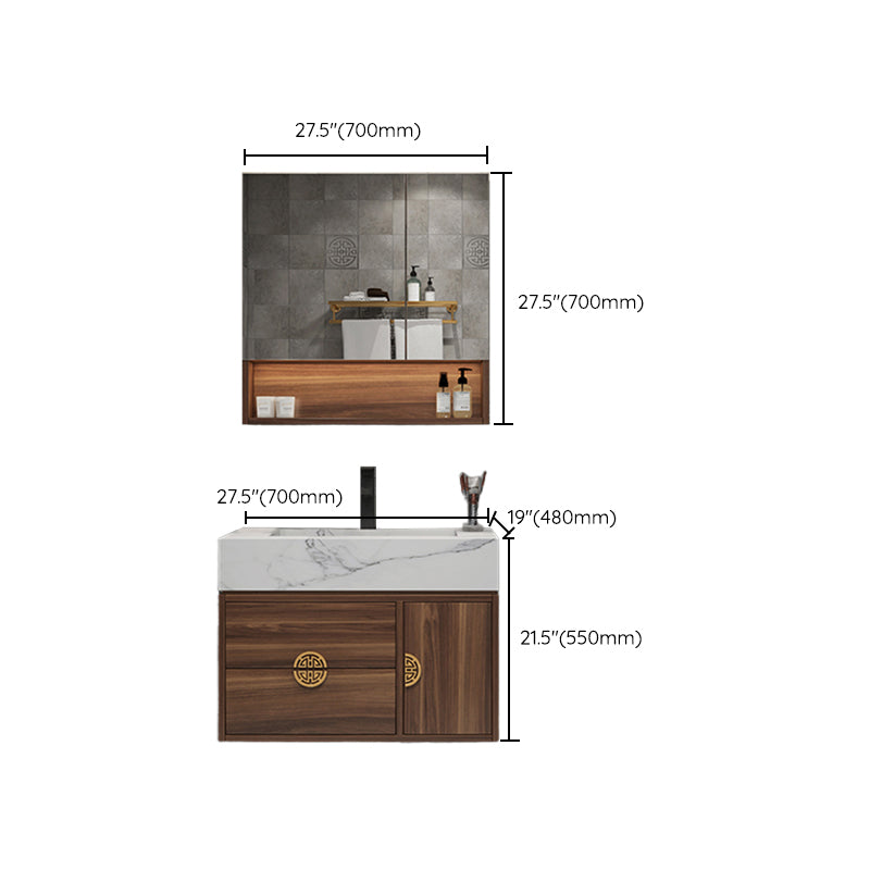 Wood Frame Vanity 2 Drawers Wall Mount Single Sink Rectangle Bathroom Vanity with Mirror