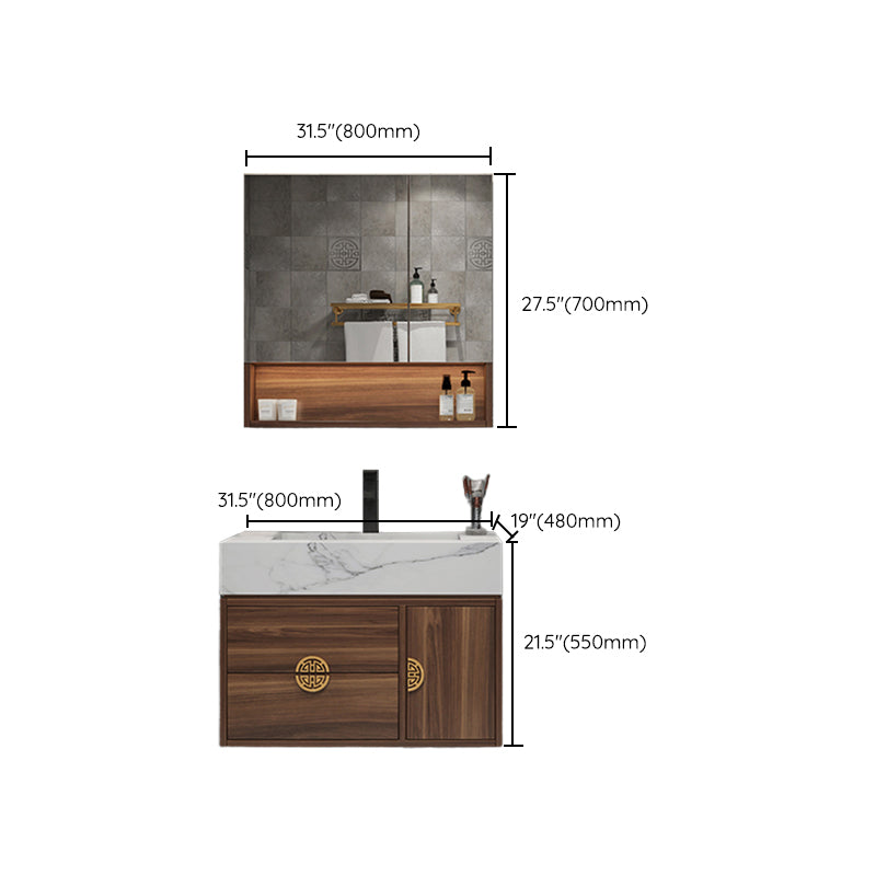 Wood Frame Vanity 2 Drawers Wall Mount Single Sink Rectangle Bathroom Vanity with Mirror