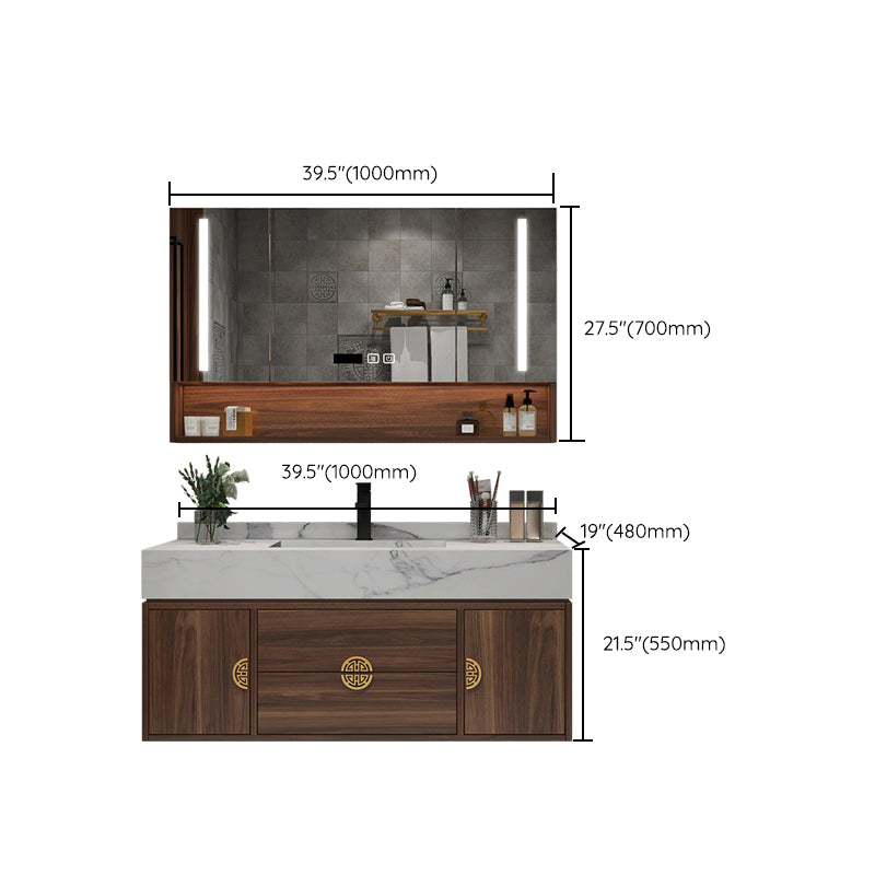 Wood Frame Vanity 2 Drawers Wall Mount Single Sink Rectangle Bathroom Vanity with Mirror