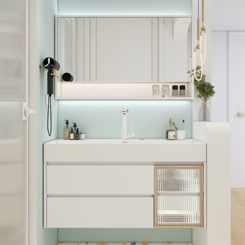 White Bathroom Vanity Mirror Rectangle Single Sink Wall Mount 2 Drawers Vanity with Door
