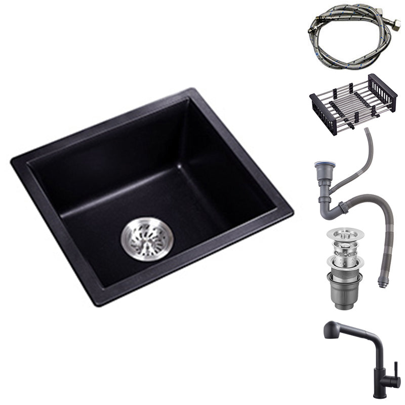 Black Quartz Kitchen Sink Drop-In Single Bowl Sink with Basket Strainer