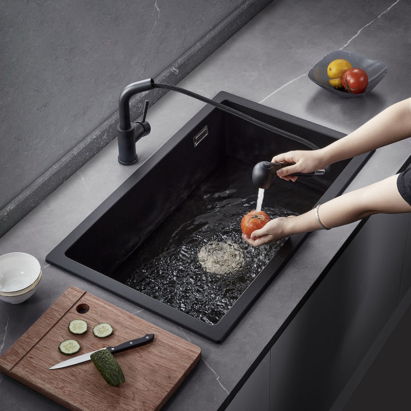 Black Quartz Kitchen Sink Drop-In Single Bowl Sink with Basket Strainer