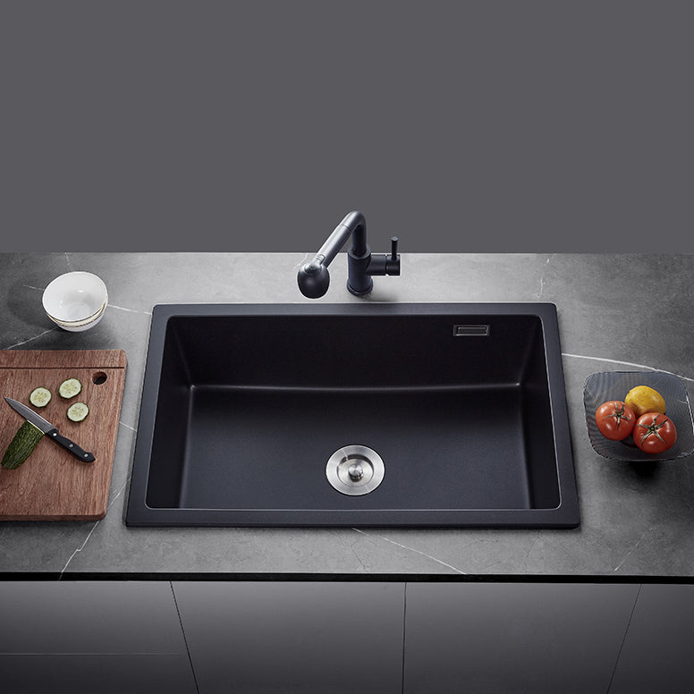 Black Quartz Kitchen Sink Drop-In Single Bowl Sink with Basket Strainer