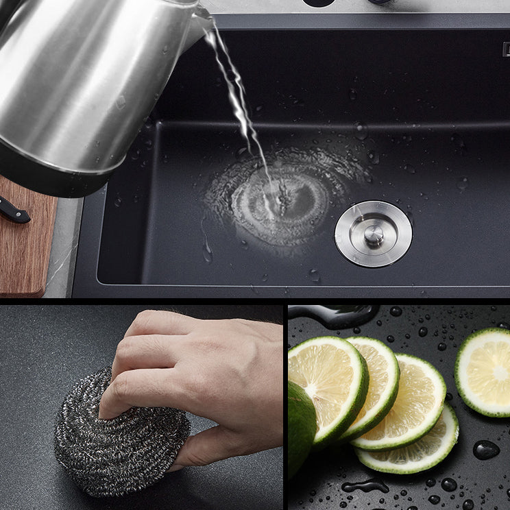 Black Quartz Kitchen Sink Drop-In Single Bowl Sink with Basket Strainer