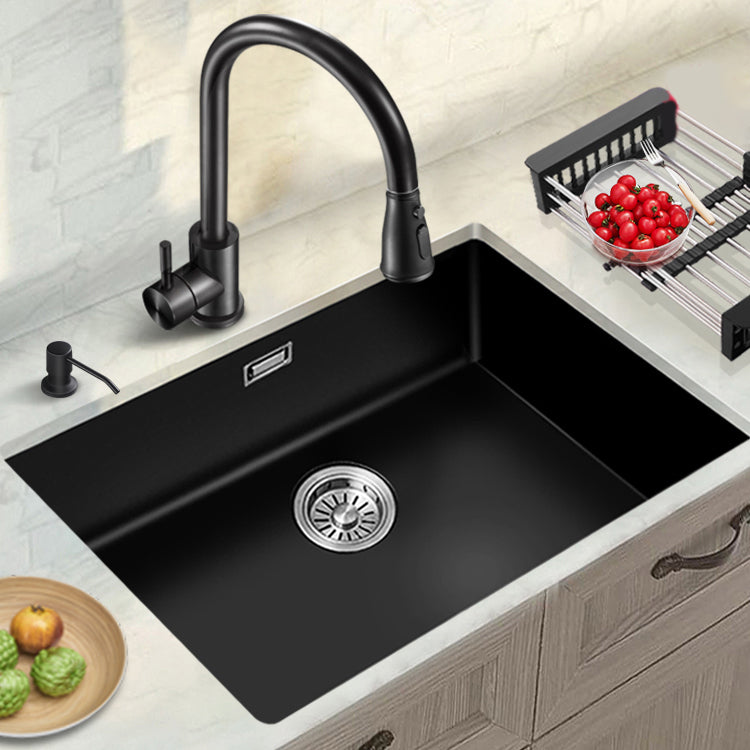 Black Quartz Kitchen Sink Contemporary Single Bowl Sink with Basket Strainer