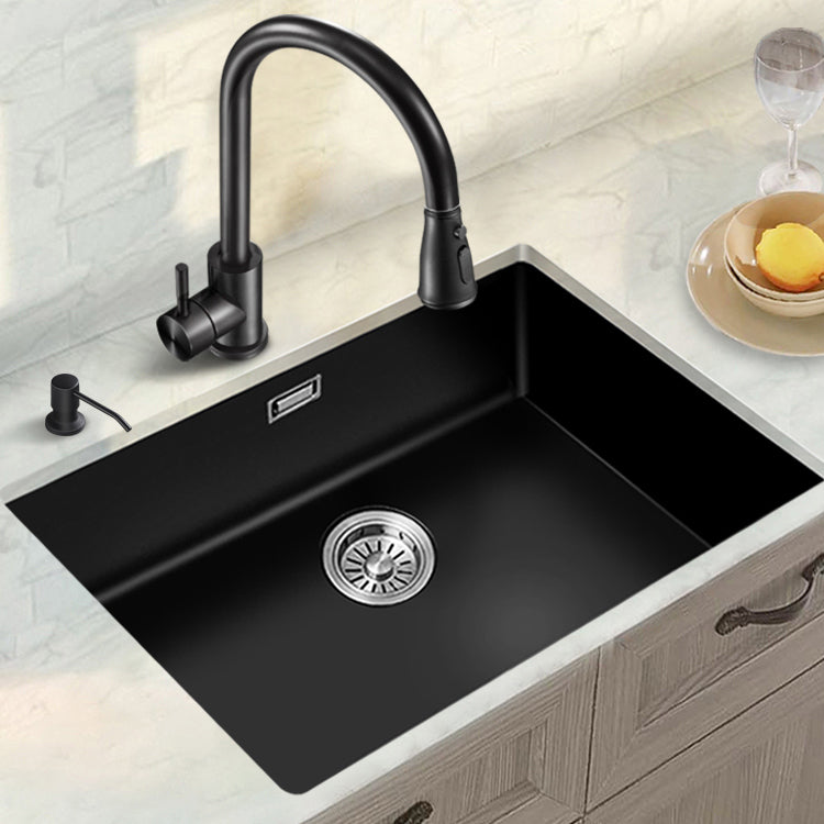 Black Quartz Kitchen Sink Contemporary Single Bowl Sink with Basket Strainer