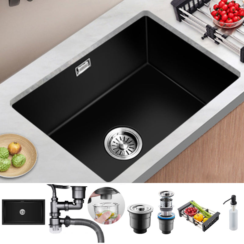 Black Quartz Kitchen Sink Contemporary Single Bowl Sink with Basket Strainer