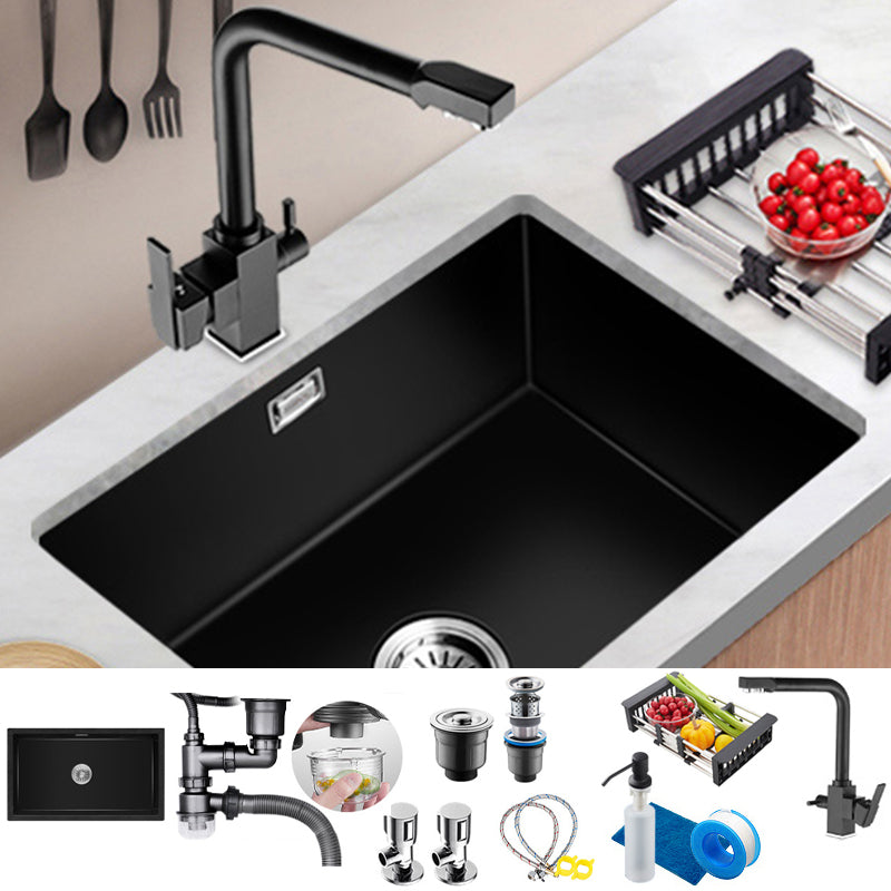 Black Quartz Kitchen Sink Contemporary Single Bowl Sink with Basket Strainer