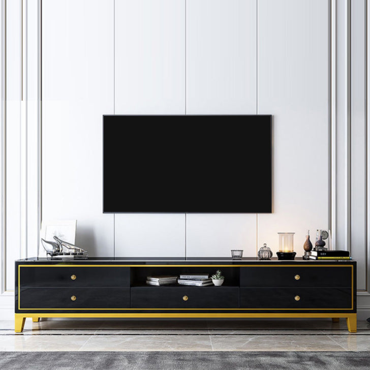 Glass TV Media Stand Open Storage Media Console with 5 Drawers