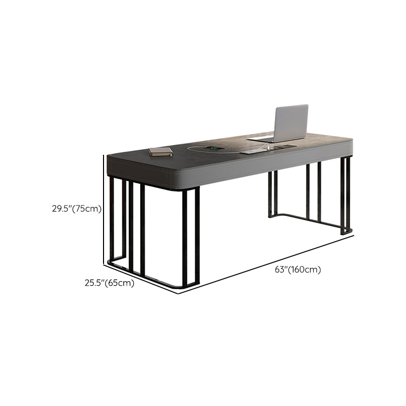 Dark Taupe and Black Office Desk Stone and Stainless Steel Writing Desk with 2 Drawers