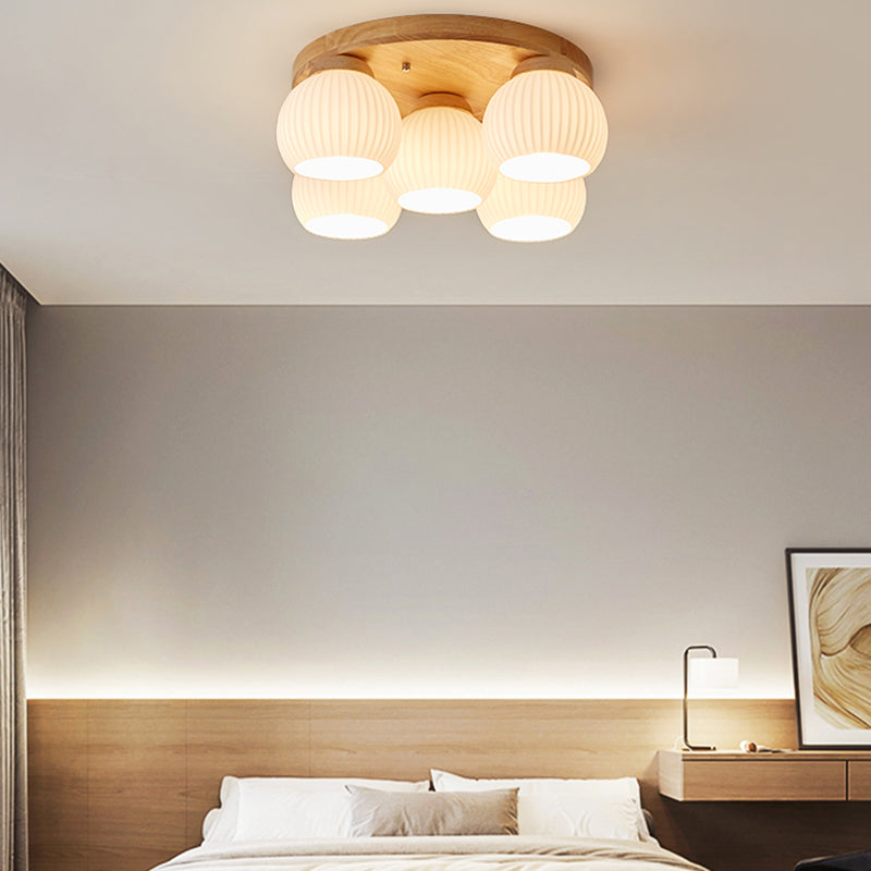 Modern Ceiling Light Wooden Ceiling Mount Light with Glass Shade for Bedroom