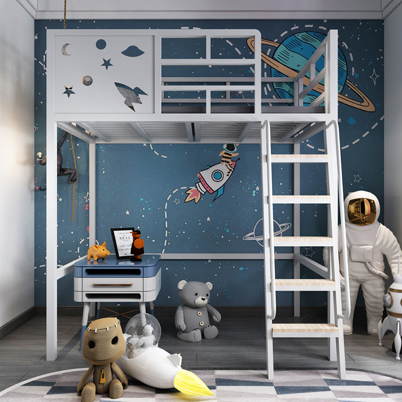 Built-In Ladder Loft Bed Metal White/Black Kids Bed with Guardrail, Space Theme